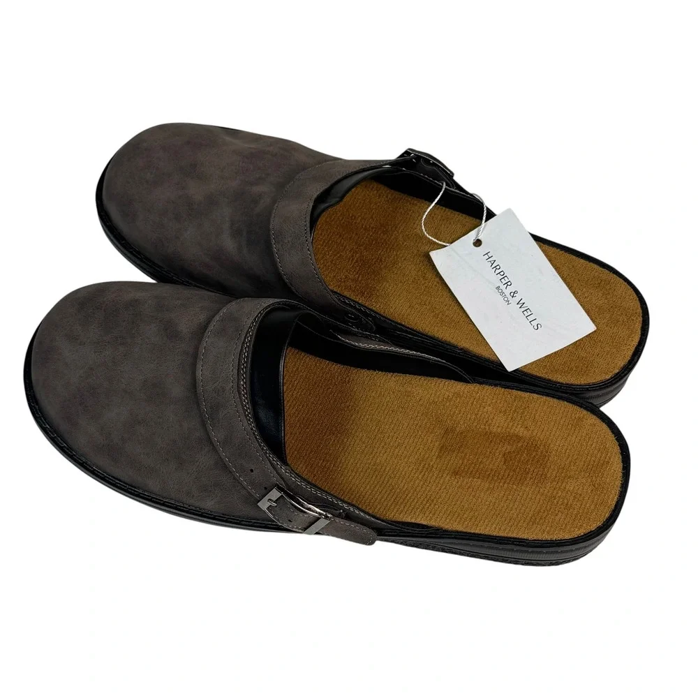 Harper & Wells Boston Mens Clogs Mules Dark Taupe Brown Buckle Size 43 NEW